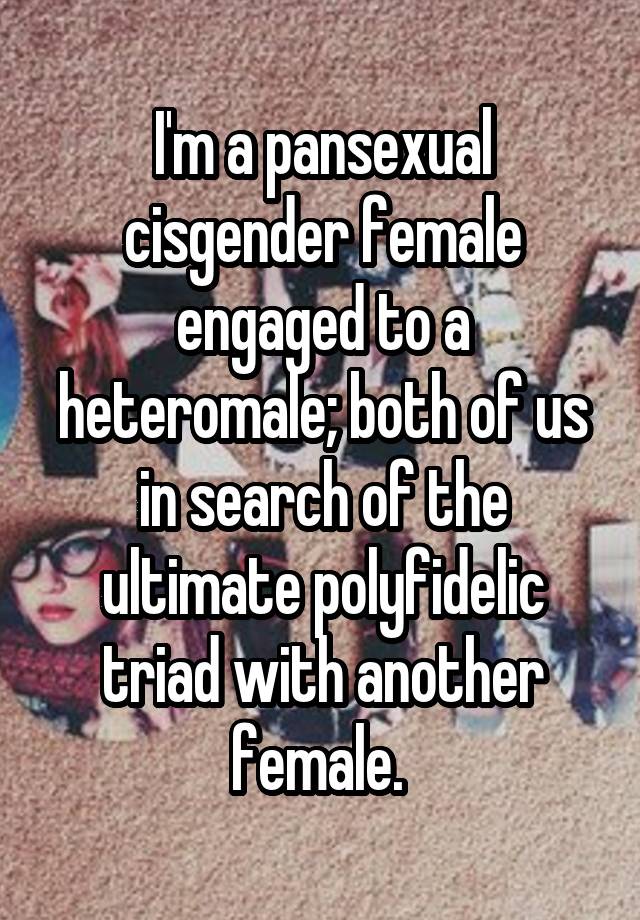  I'm a pansexual cisgender female engaged to a heteromale; both of us in search of the ultimate polyfidelic triad with another female. 