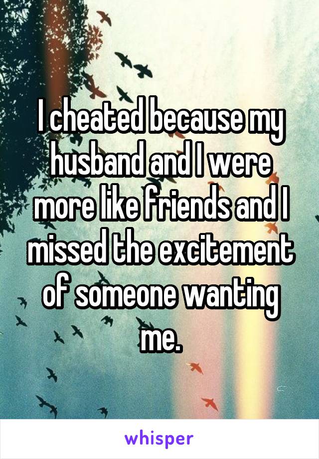 I cheated because my husband and I were more like friends and I missed the excitement of someone wanting me.
