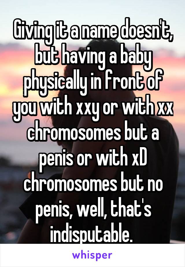 Giving it a name doesn't, but having a baby physically in front of you with xxy or with xx chromosomes but a penis or with xD chromosomes but no penis, well, that's indisputable. 