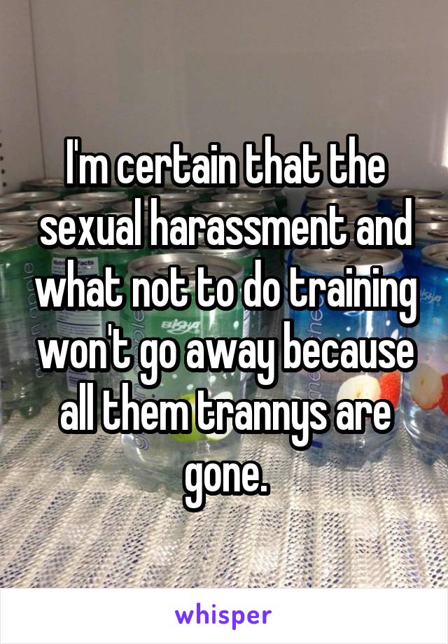 I'm certain that the sexual harassment and what not to do training won't go away because all them trannys are gone.