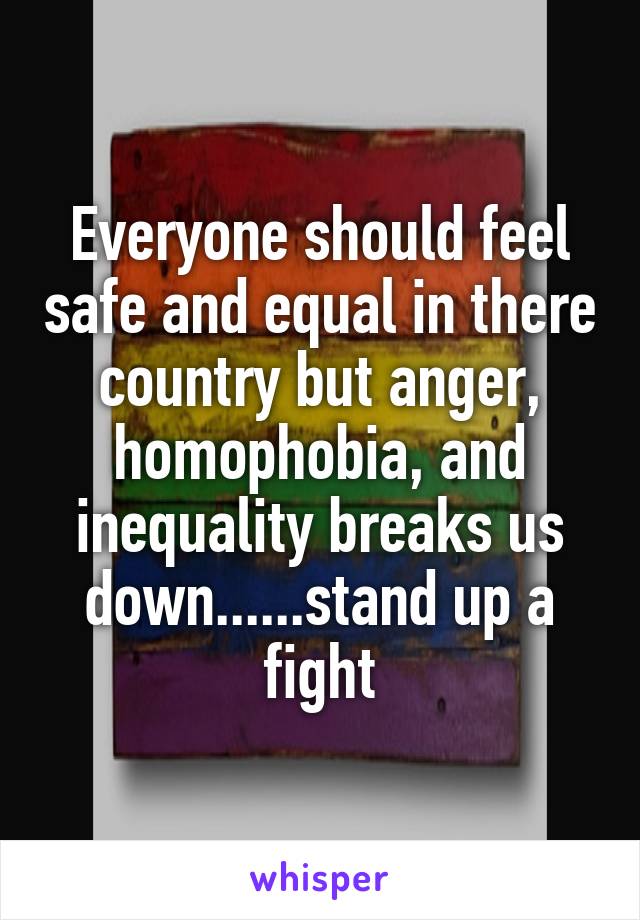 Everyone should feel safe and equal in there country but anger, homophobia, and inequality breaks us down......stand up a fight