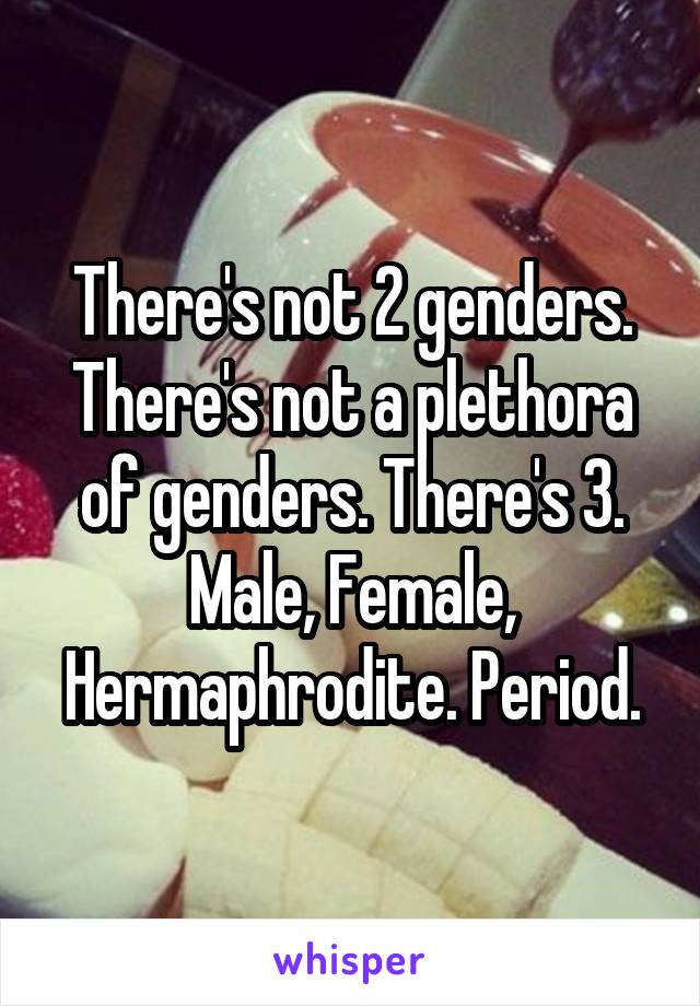 There's not 2 genders. There's not a plethora of genders. There's 3. Male, Female, Hermaphrodite. Period.