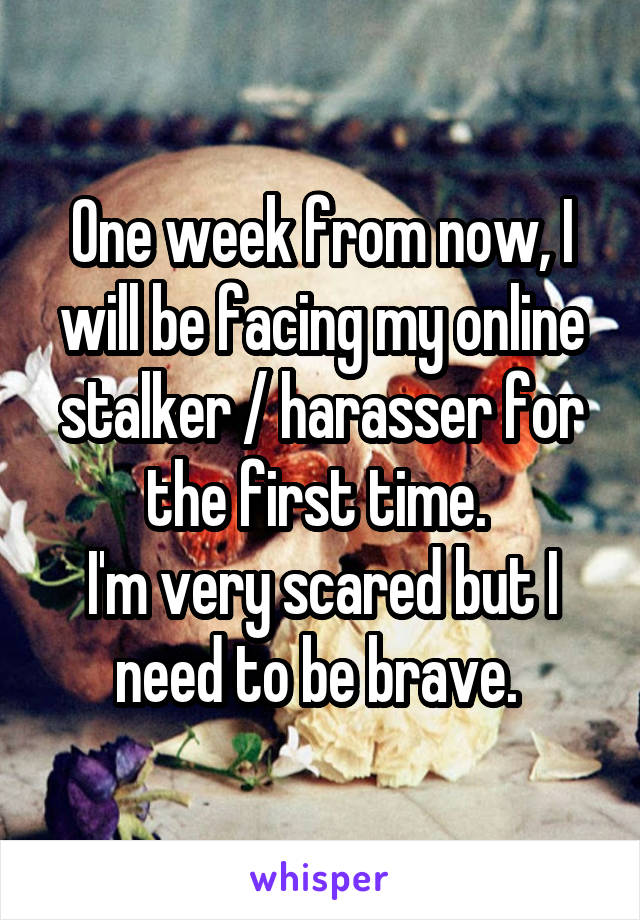 One week from now, I will be facing my online stalker / harasser for the first time. 
I'm very scared but I need to be brave. 