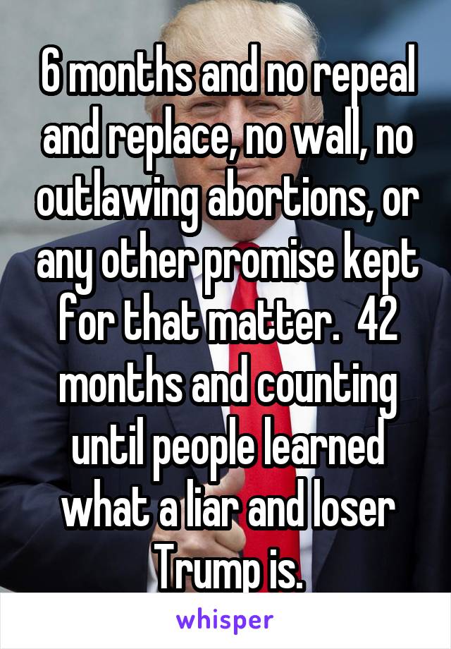 6 months and no repeal and replace, no wall, no outlawing abortions, or any other promise kept for that matter.  42 months and counting until people learned what a liar and loser Trump is.