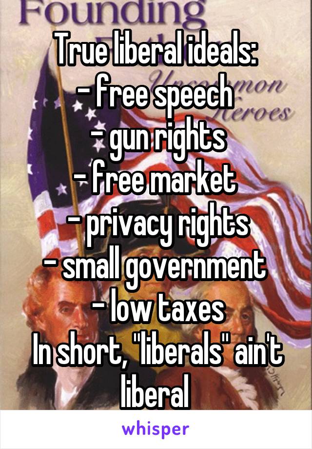 True liberal ideals: 
- free speech 
- gun rights
- free market 
- privacy rights
- small government 
- low taxes
In short, "liberals" ain't liberal 