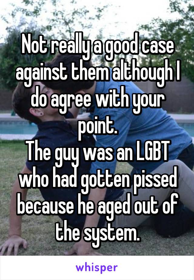 Not really a good case against them although I do agree with your point.
The guy was an LGBT who had gotten pissed because he aged out of the system.