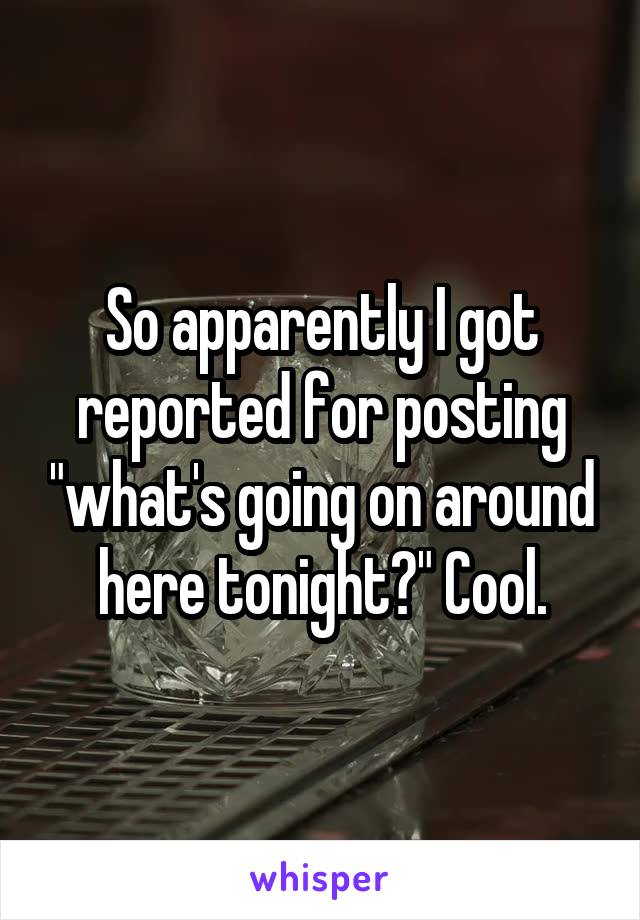 So apparently I got reported for posting "what's going on around here tonight?" Cool.