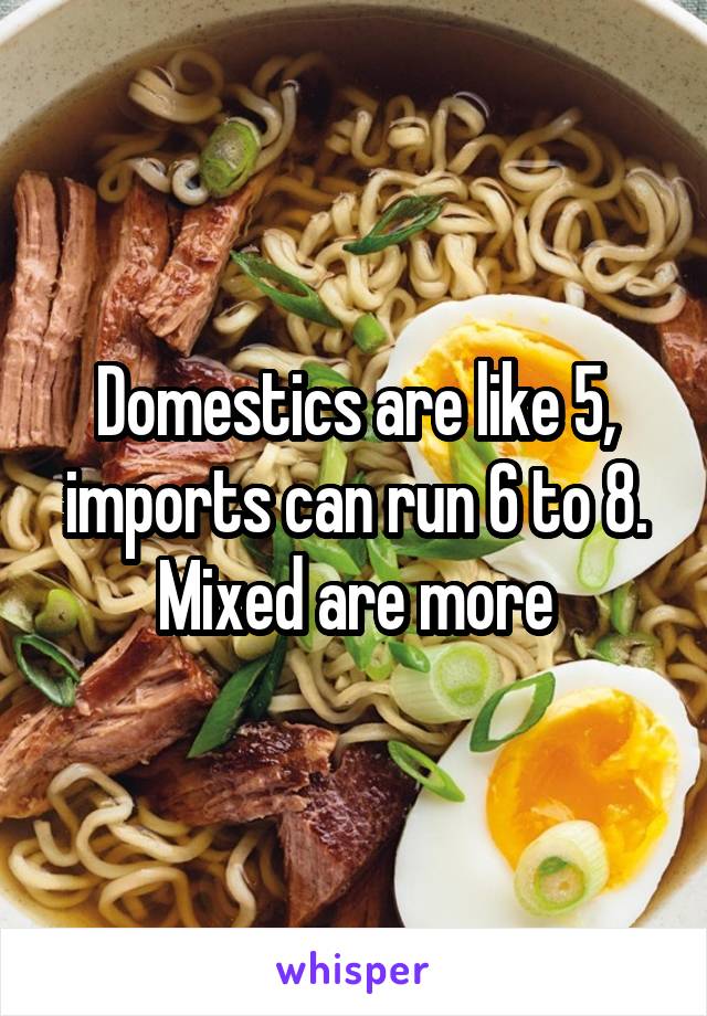 Domestics are like 5, imports can run 6 to 8. Mixed are more