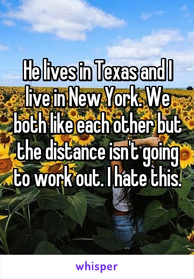 He lives in Texas and I live in New York. We both like each other but the distance isn't going to work out. I hate this. 