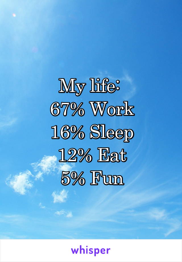My life: 
67% Work
16% Sleep
12% Eat
5% Fun