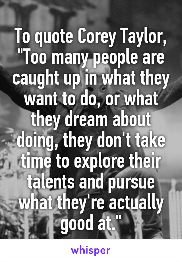 To quote Corey Taylor, "Too many people are caught up in what they want to do, or what they dream about doing, they don't take time to explore their talents and pursue what they're actually good at."