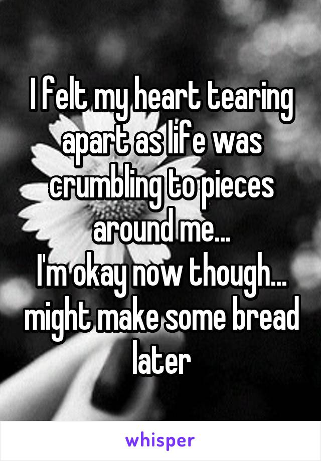 I felt my heart tearing apart as life was crumbling to pieces around me...
I'm okay now though... might make some bread later