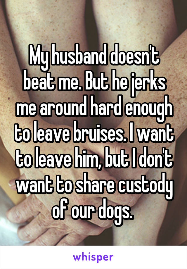 My husband doesn't beat me. But he jerks me around hard enough to leave bruises. I want to leave him, but I don't want to share custody of our dogs. 