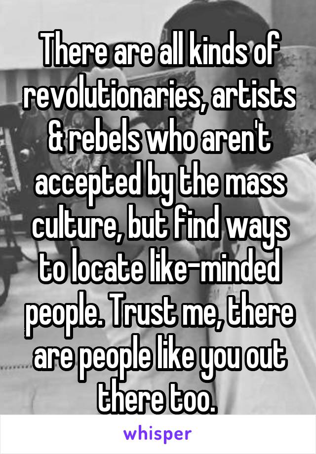 There are all kinds of revolutionaries, artists & rebels who aren't accepted by the mass culture, but find ways to locate like-minded people. Trust me, there are people like you out there too. 