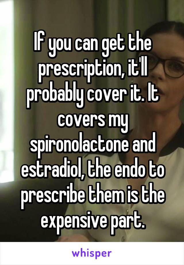 If you can get the prescription, it'll probably cover it. It covers my spironolactone and estradiol, the endo to prescribe them is the expensive part.
