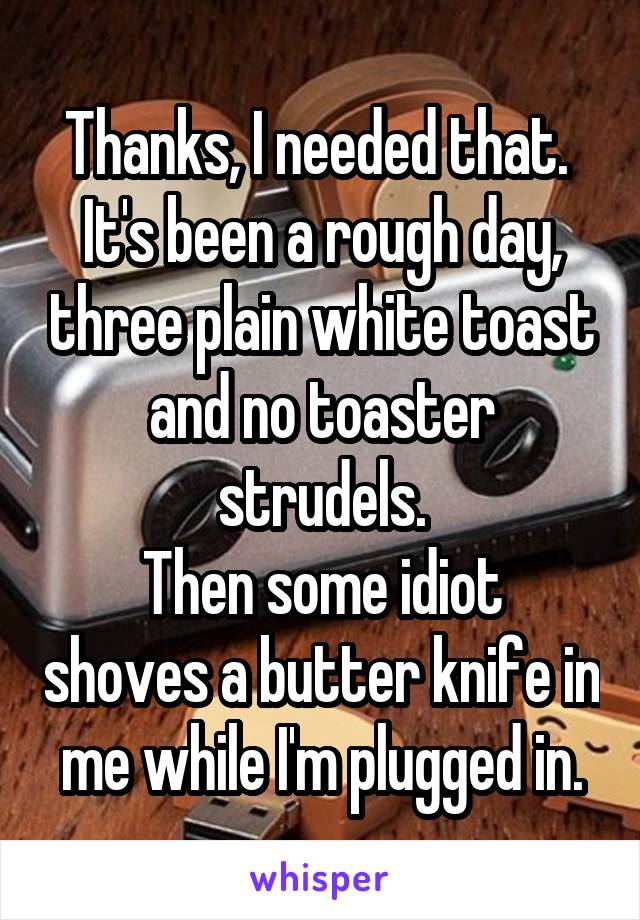 Thanks, I needed that.  It's been a rough day, three plain white toast and no toaster strudels.
Then some idiot shoves a butter knife in me while I'm plugged in.