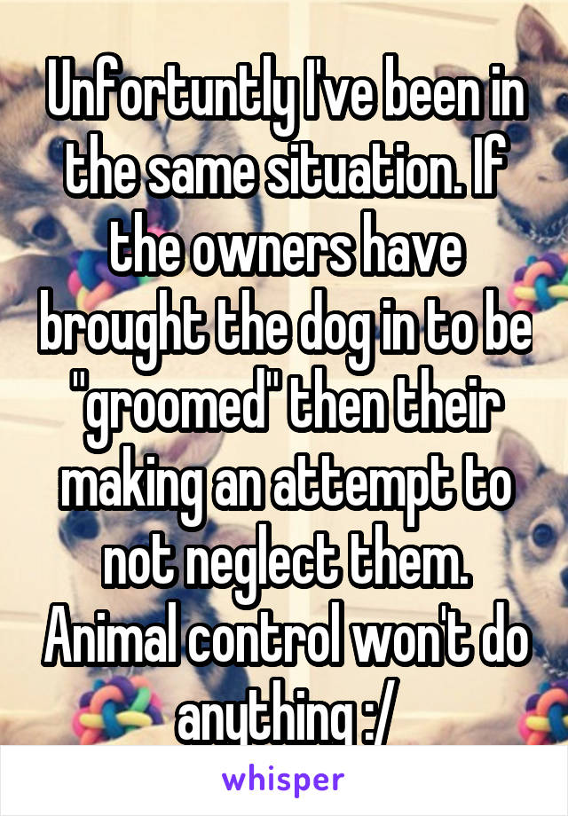 Unfortuntly I've been in the same situation. If the owners have brought the dog in to be "groomed" then their making an attempt to not neglect them. Animal control won't do anything :/