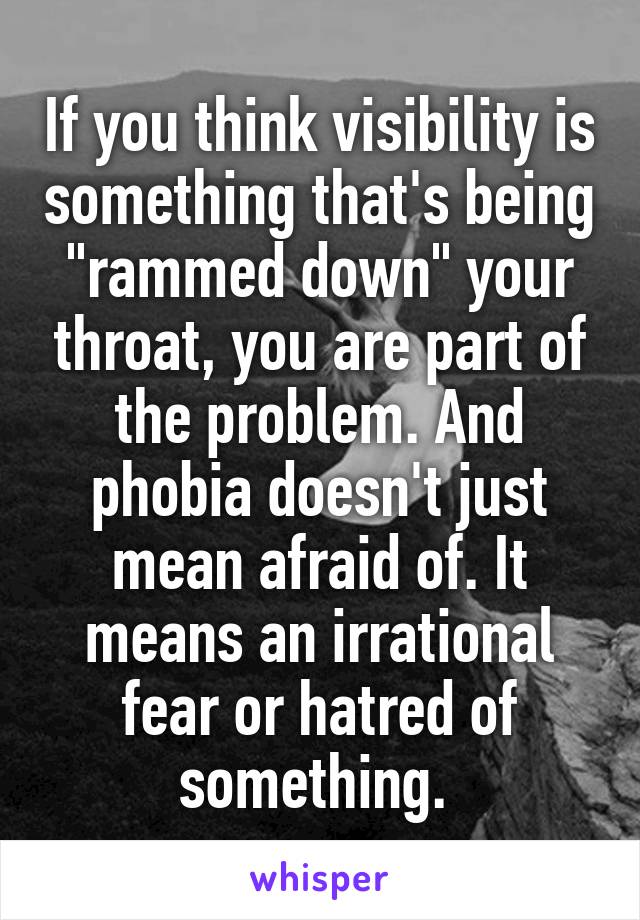 If you think visibility is something that's being "rammed down" your throat, you are part of the problem. And phobia doesn't just mean afraid of. It means an irrational fear or hatred of something. 