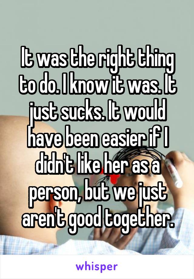 It was the right thing to do. I know it was. It just sucks. It would have been easier if I didn't like her as a person, but we just aren't good together.