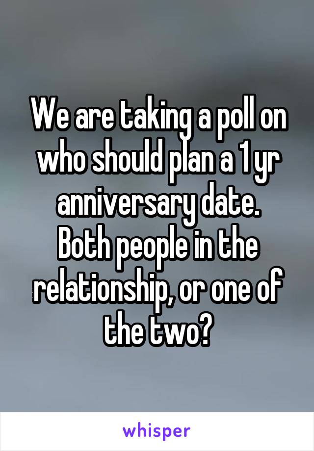 We are taking a poll on who should plan a 1 yr anniversary date.
Both people in the relationship, or one of the two?
