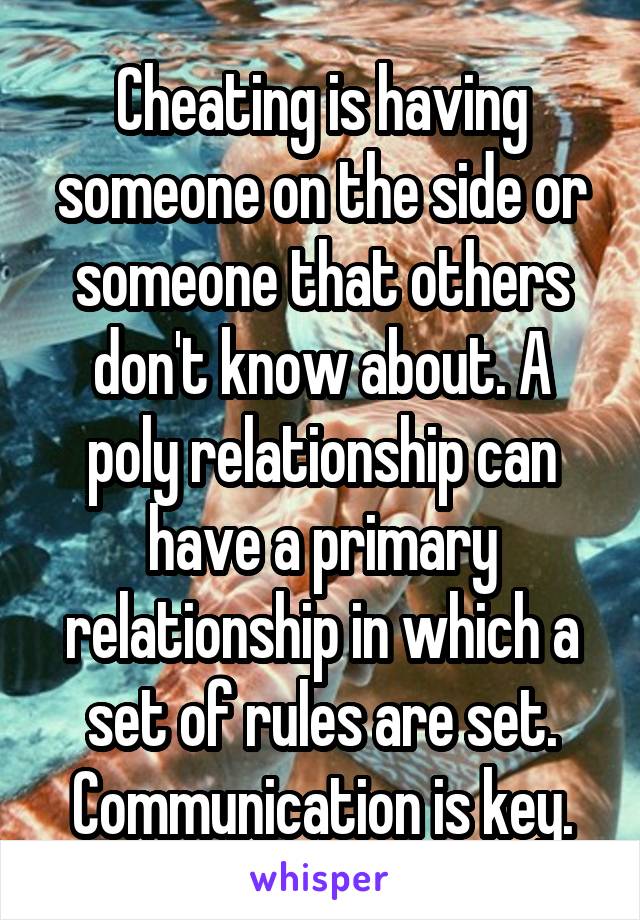 Cheating is having someone on the side or someone that others don't know about. A poly relationship can have a primary relationship in which a set of rules are set. Communication is key.