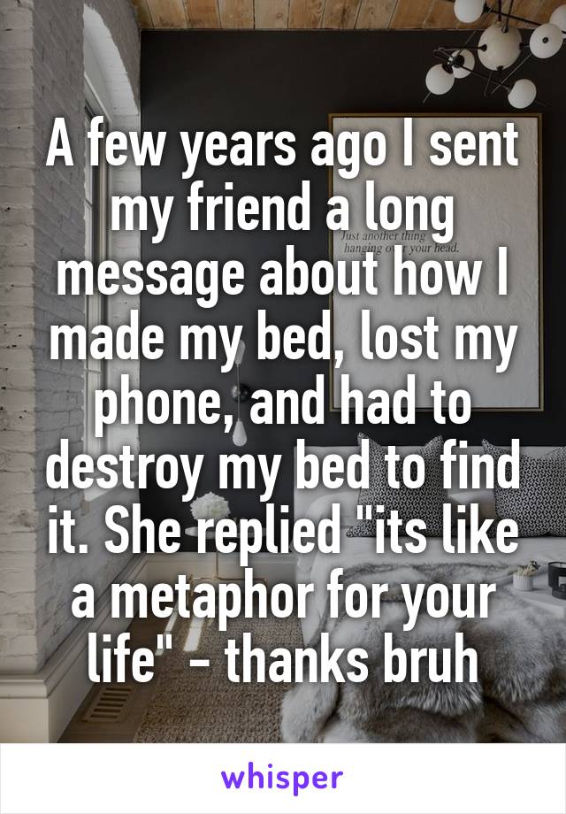 A few years ago I sent my friend a long message about how I made my bed, lost my phone, and had to destroy my bed to find it. She replied "its like a metaphor for your life" - thanks bruh