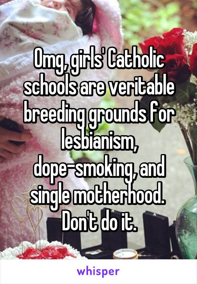 Omg, girls' Catholic schools are veritable breeding grounds for lesbianism, dope-smoking, and single motherhood.  Don't do it.