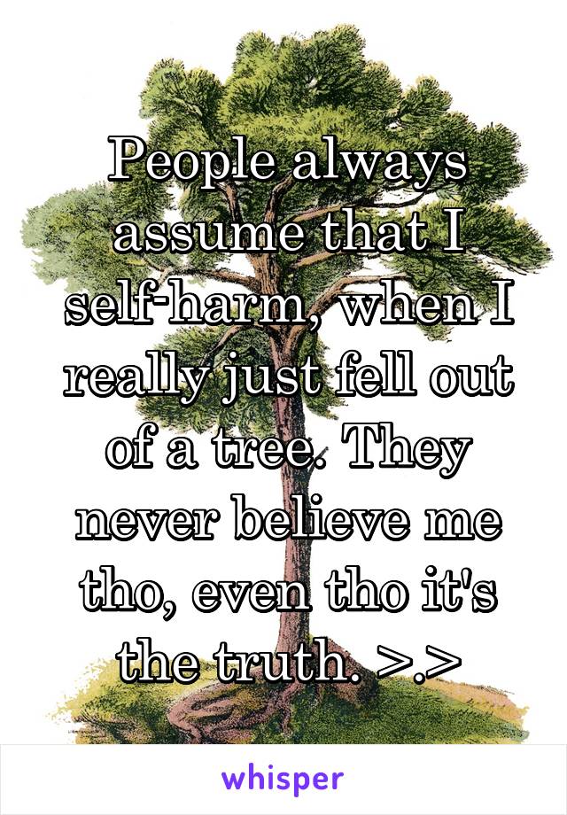 People always assume that I self-harm, when I really just fell out of a tree. They never believe me tho, even tho it's the truth. >.>