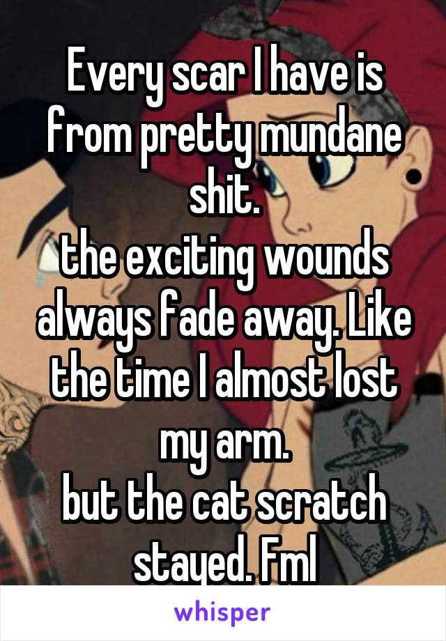 Every scar I have is from pretty mundane shit.
the exciting wounds always fade away. Like the time I almost lost my arm.
but the cat scratch stayed. Fml