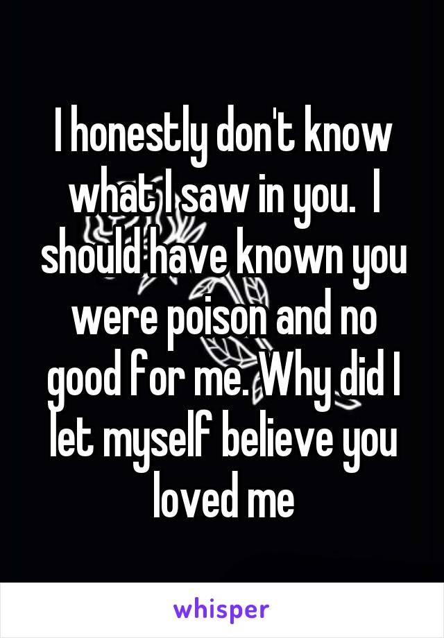 I honestly don't know what I saw in you.  I should have known you were poison and no good for me. Why did I let myself believe you loved me
