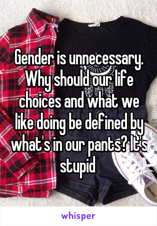 Gender is unnecessary. Why should our life choices and what we like doing be defined by what's in our pants? It's stupid 