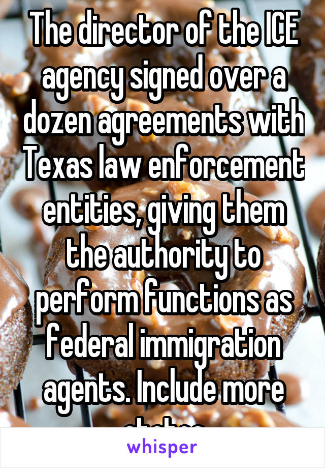 The director of the ICE agency signed over a dozen agreements with Texas law enforcement entities, giving them the authority to perform functions as federal immigration agents. Include more states