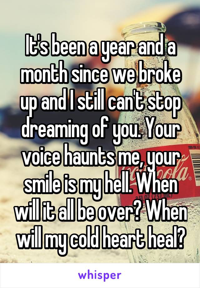 It's been a year and a month since we broke up and I still can't stop dreaming of you. Your voice haunts me, your smile is my hell. When will it all be over? When will my cold heart heal?