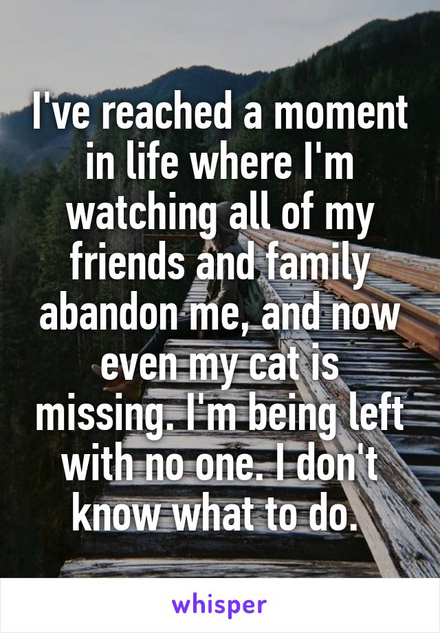 I've reached a moment in life where I'm watching all of my friends and family abandon me, and now even my cat is missing. I'm being left with no one. I don't know what to do. 