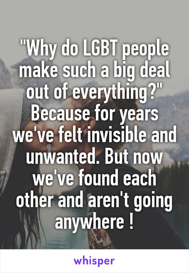 "Why do LGBT people make such a big deal out of everything?" Because for years we've felt invisible and unwanted. But now we've found each other and aren't going anywhere !