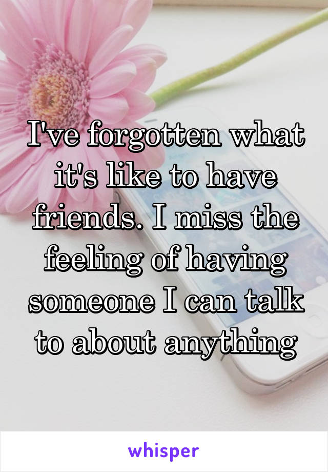 I've forgotten what it's like to have friends. I miss the feeling of having someone I can talk to about anything