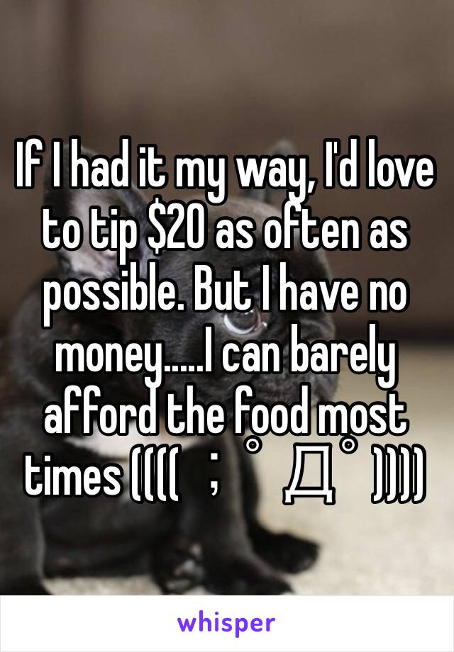 If I had it my way, I'd love to tip $20 as often as possible. But I have no money.....I can barely afford the food most times ((((；ﾟДﾟ))))