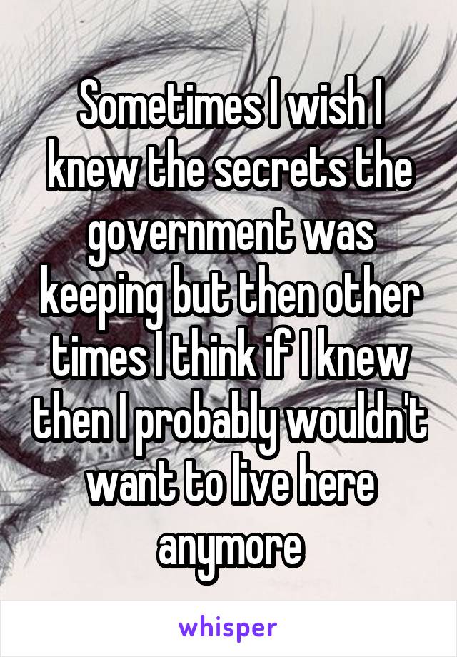 Sometimes I wish I knew the secrets the government was keeping but then other times I think if I knew then I probably wouldn't want to live here anymore