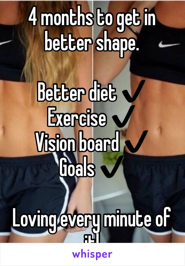 4 months to get in better shape. 

Better diet ✔️
Exercise ✔️
Vision board ✔️ 
Goals ✔️ 

Loving every minute of it!