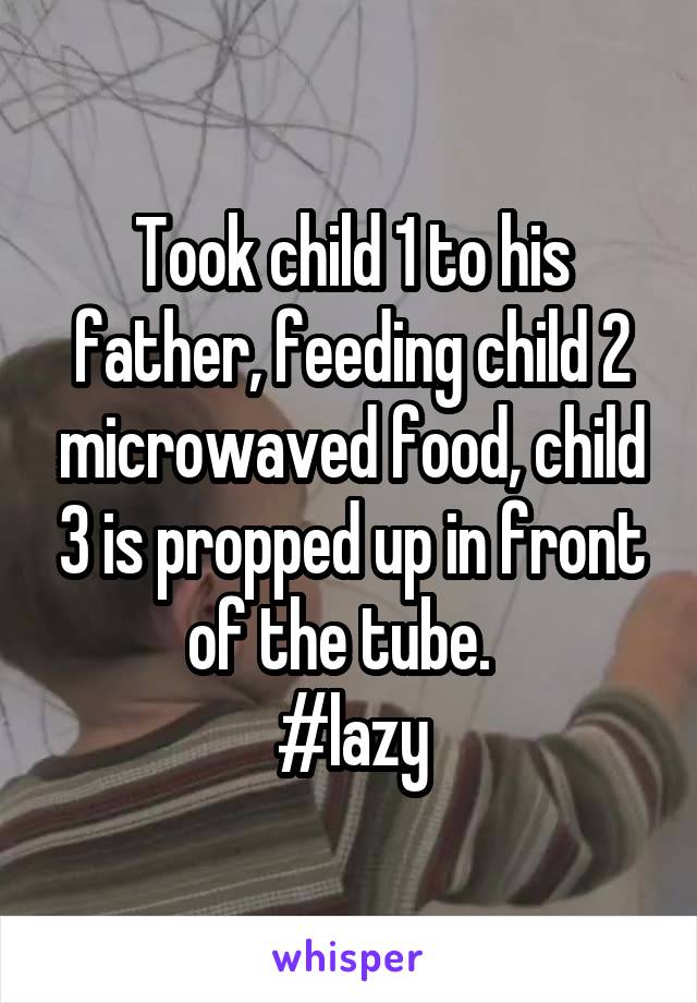 Took child 1 to his father, feeding child 2 microwaved food, child 3 is propped up in front of the tube.  
#lazy
