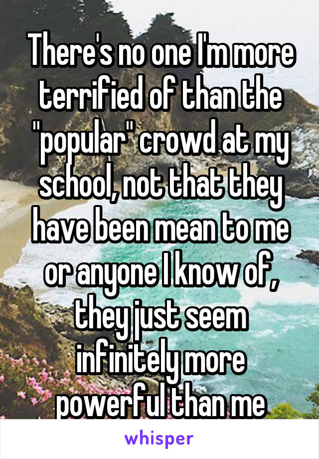 There's no one I'm more terrified of than the "popular" crowd at my school, not that they have been mean to me or anyone I know of, they just seem infinitely more powerful than me