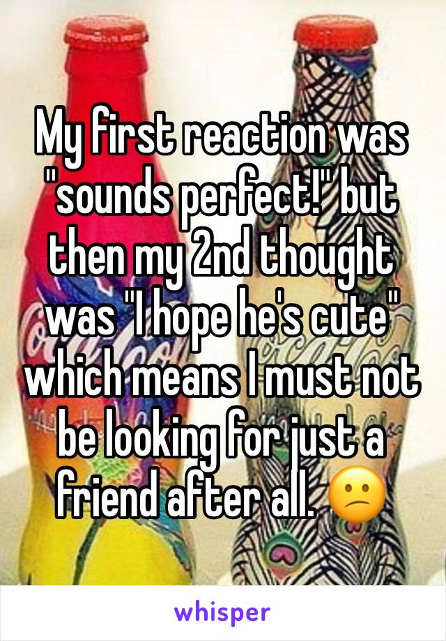 My first reaction was "sounds perfect!" but then my 2nd thought was "I hope he's cute" which means I must not be looking for just a friend after all. 😕