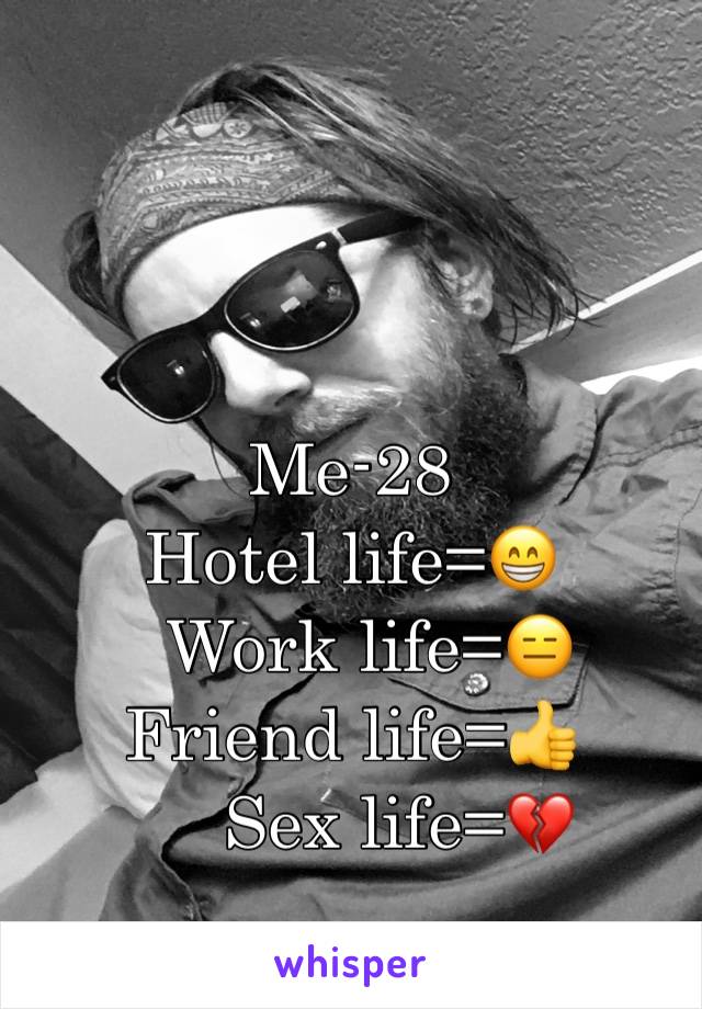 Me-28
Hotel life=😁
  Work life=😑
Friend life=👍
     Sex life=💔
