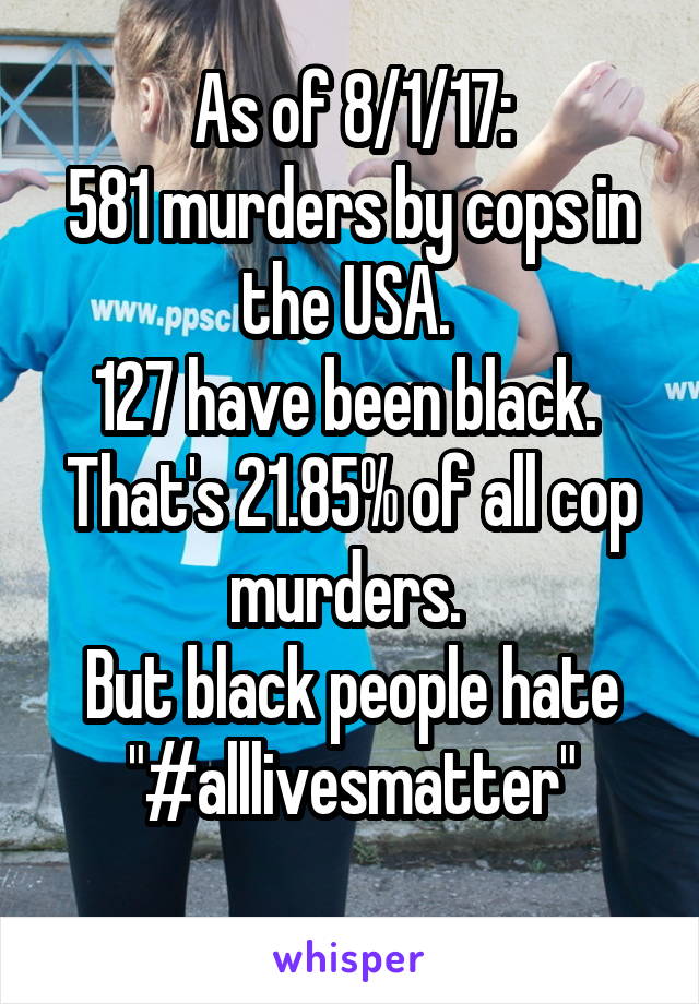 As of 8/1/17:
581 murders by cops in the USA. 
127 have been black. 
That's 21.85% of all cop murders. 
But black people hate "#alllivesmatter"
