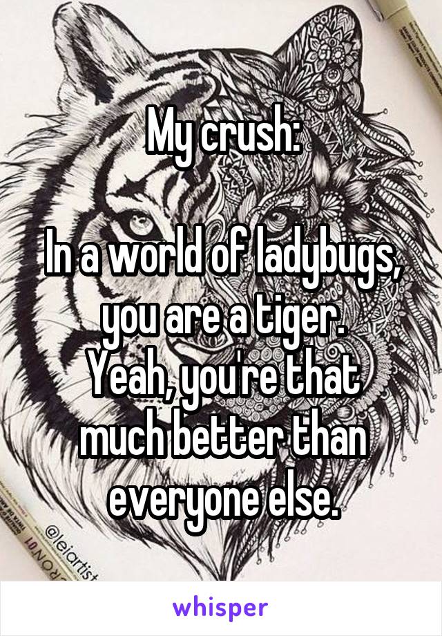 My crush:

In a world of ladybugs, you are a tiger.
Yeah, you're that much better than everyone else.
