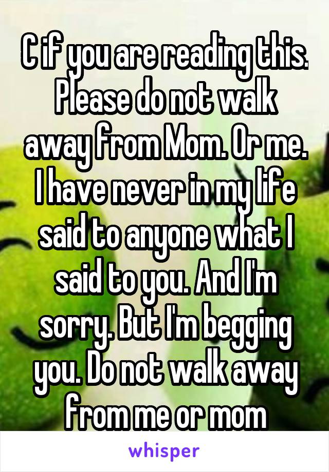 C if you are reading this. Please do not walk away from Mom. Or me. I have never in my life said to anyone what I said to you. And I'm sorry. But I'm begging you. Do not walk away from me or mom