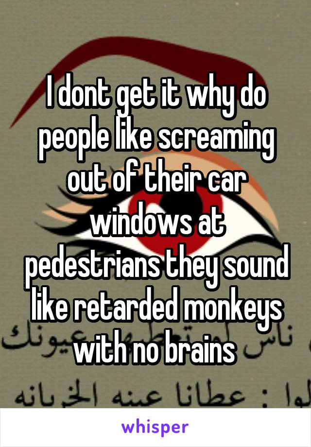 I dont get it why do people like screaming out of their car windows at pedestrians they sound like retarded monkeys with no brains 