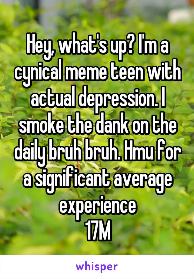 Hey, what's up? I'm a cynical meme teen with actual depression. I smoke the dank on the daily bruh bruh. Hmu for a significant average experience
17M