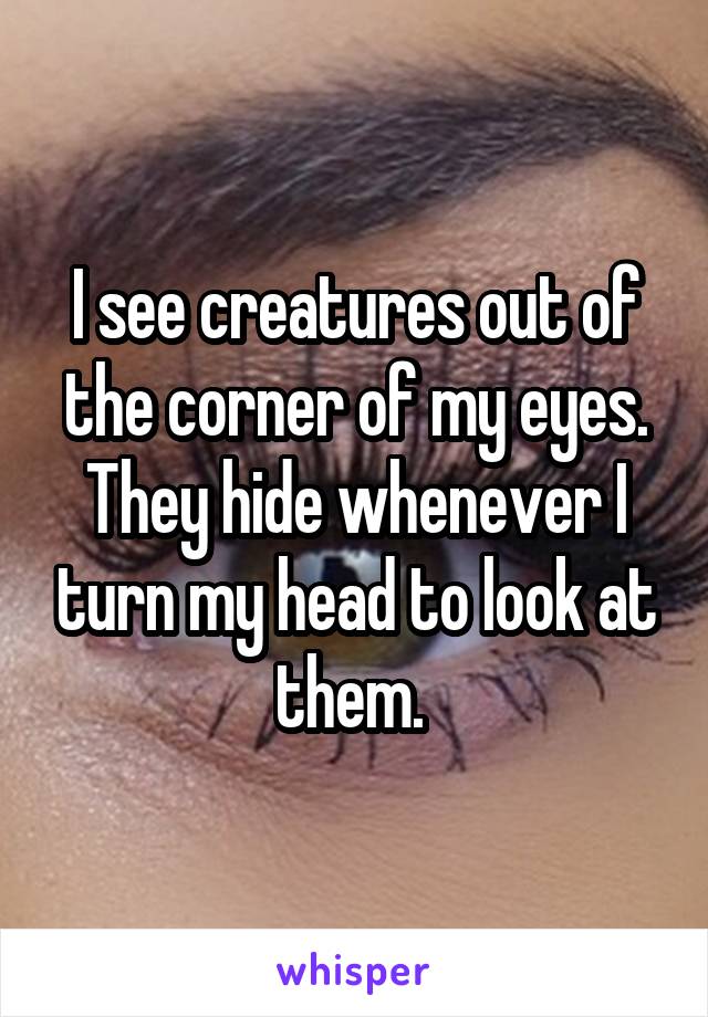 I see creatures out of the corner of my eyes. They hide whenever I turn my head to look at them. 