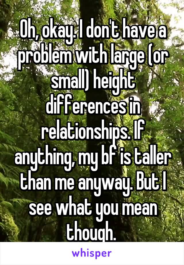 Oh, okay. I don't have a problem with large (or small) height differences in relationships. If anything, my bf is taller than me anyway. But I see what you mean though. 